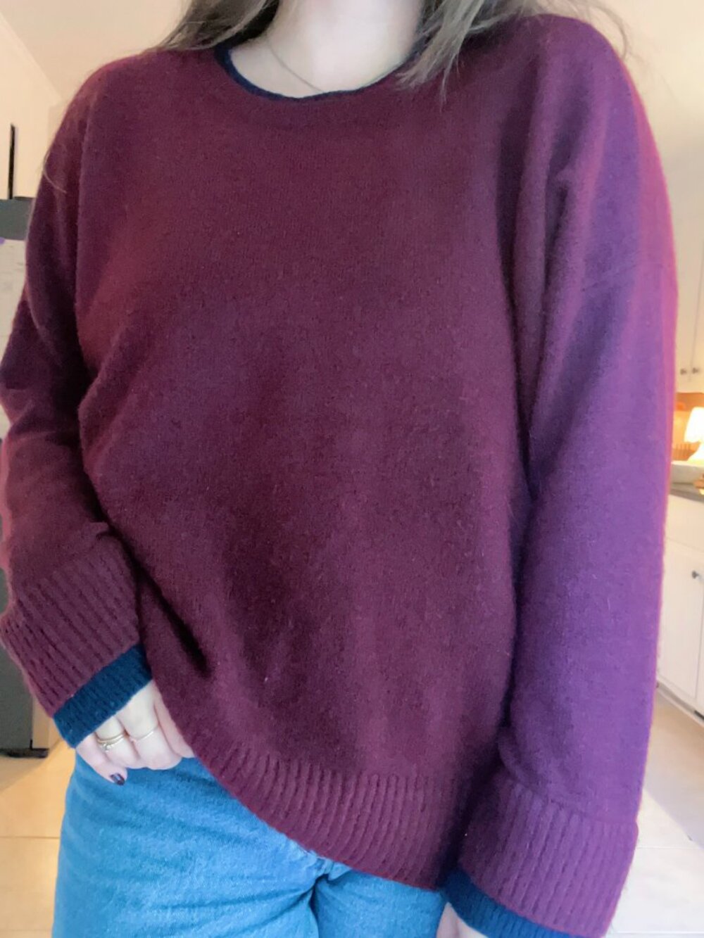 cece burgundy navy layered look sweater